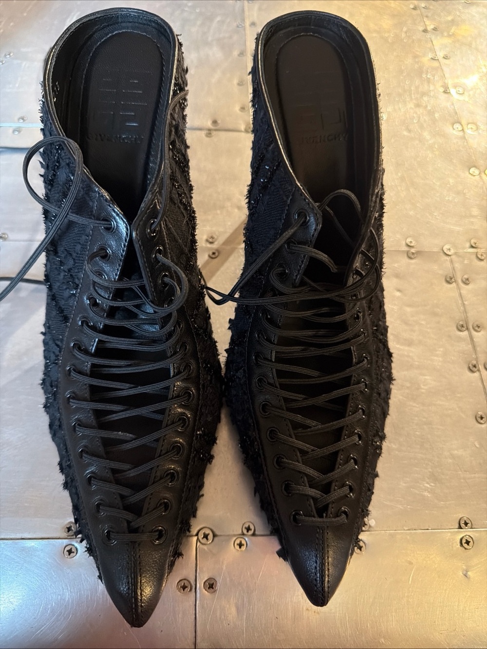 Givenchy Black Studded Lace Up Straps Stiletto Pumps Pointed Toe Leather US 7
